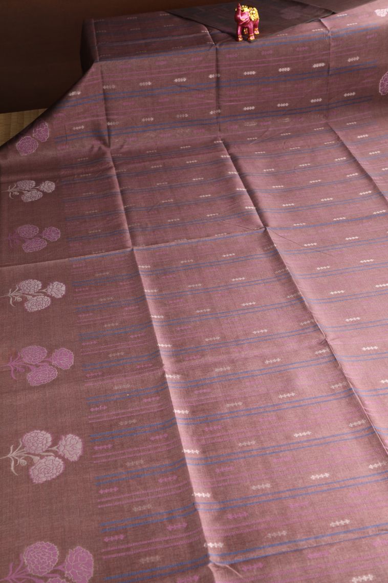 Tawny Brown Semi Tussar Silk with Silver Zari Stripes view 2