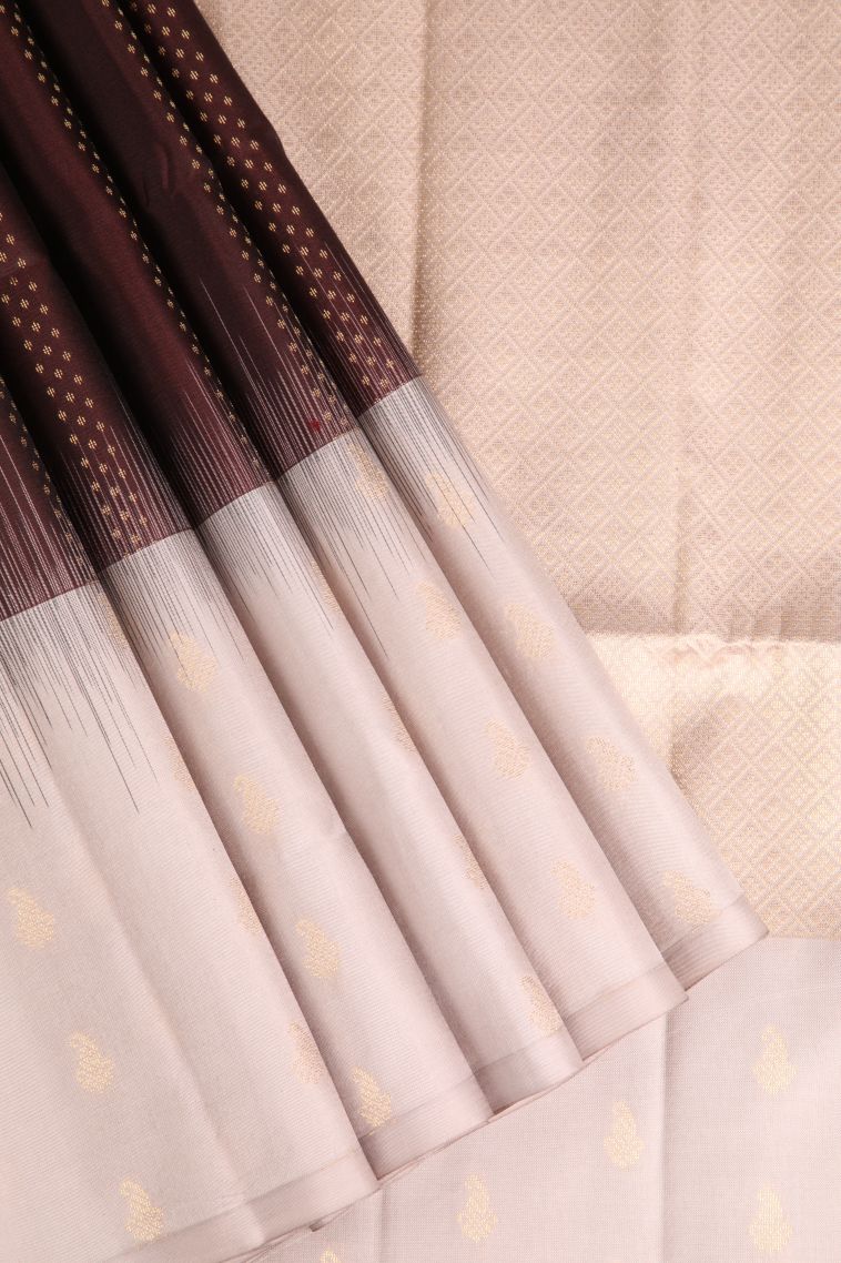 Cinnamon Brown Soft Silk Saree with Gold Zari Floral Puttas view 1