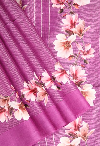 Bubblegum Pink Jute Sarees with Silver Zari Plain