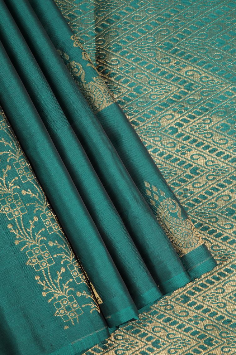 Peack Green Silk Sarees Gold Zari with Manga