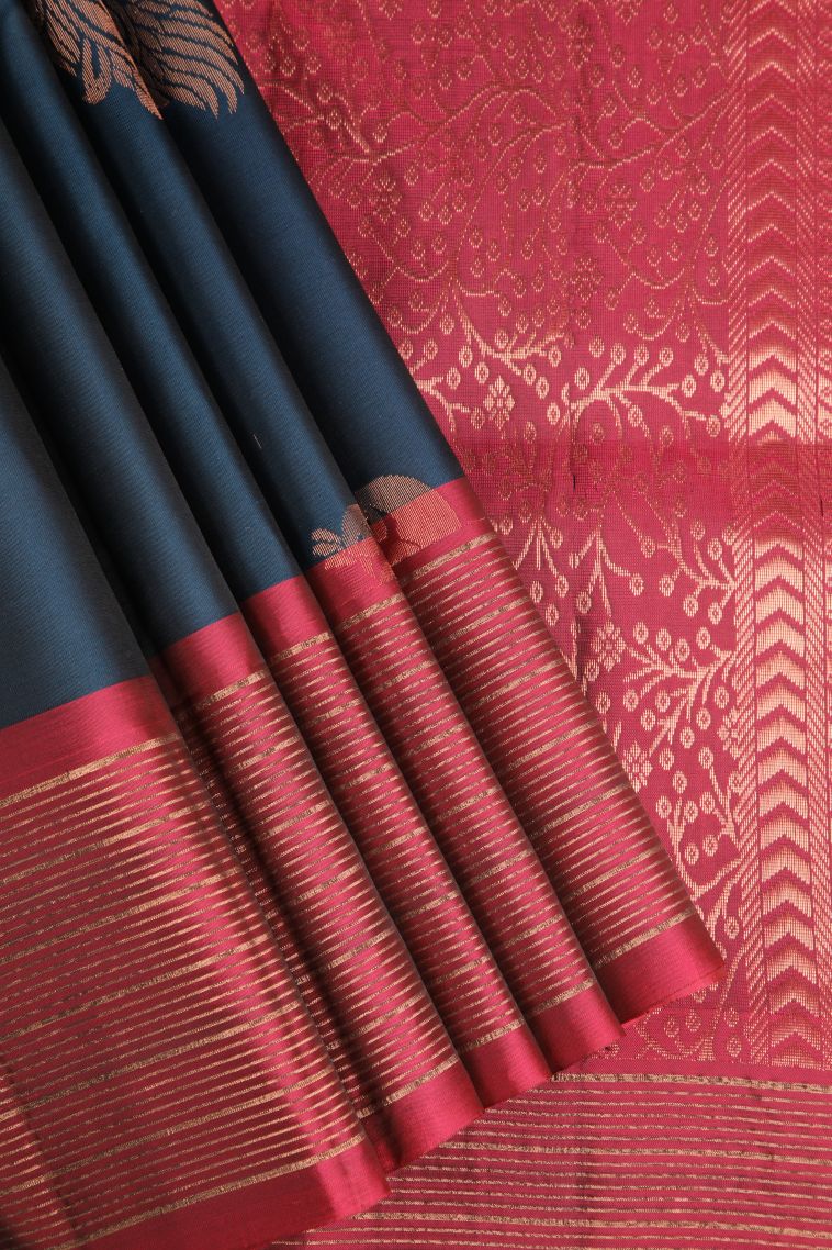 Aegean Blue Soft Silk Saree with Copper Zari Peacock Motifs view 1
