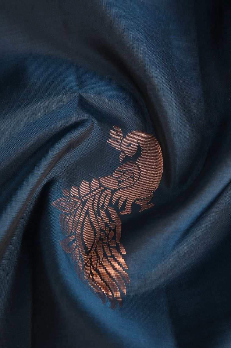 Aegean Blue Soft Silk Saree with Copper Zari Peacock Motifs view 4