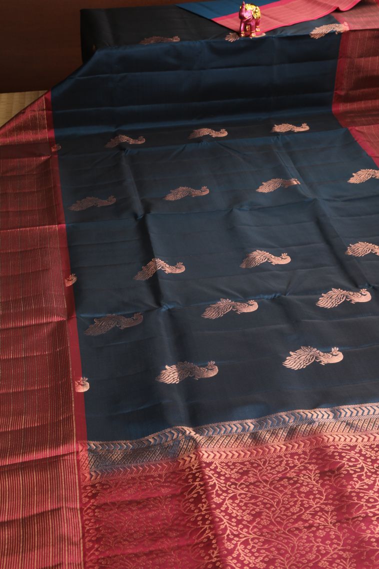 Aegean Blue Soft Silk Saree with Copper Zari Peacock Motifs view 2