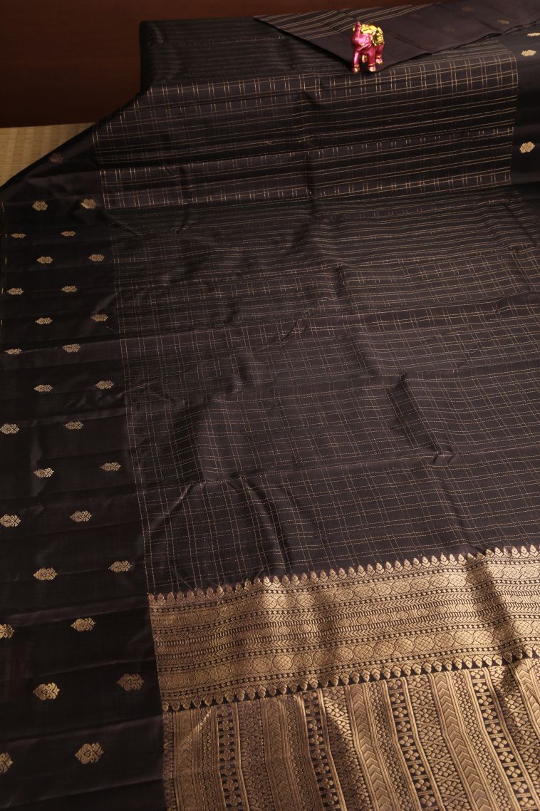 Umber Brown Soft Silk Saree with Gold Zari Checks view 2
