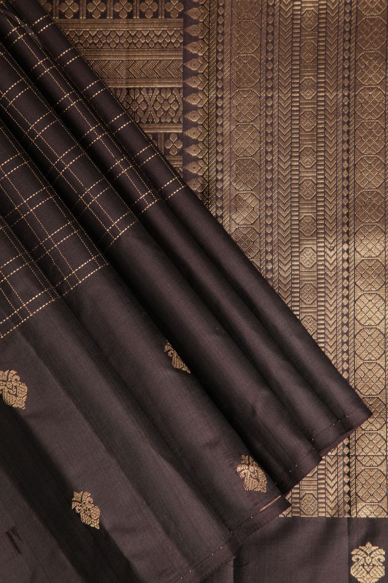 Umber Brown Soft Silk Saree with Gold Zari Checks view 1