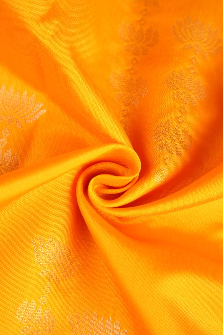 Tangerine Orange Raw Silk Sarees with Gold Zari Floral Patterns view 4