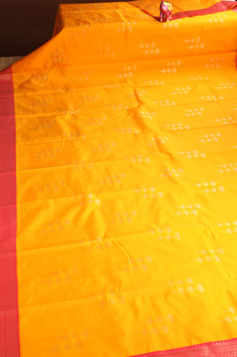 Tangerine Orange Raw Silk Sarees with Gold Zari Floral Patterns view 2