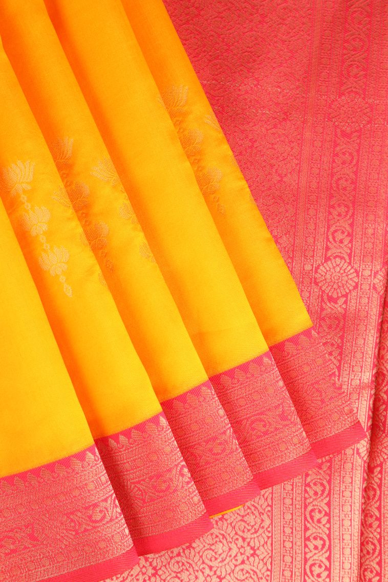 Tangerine Orange Raw Silk Sarees with Gold Zari Floral Patterns view 1