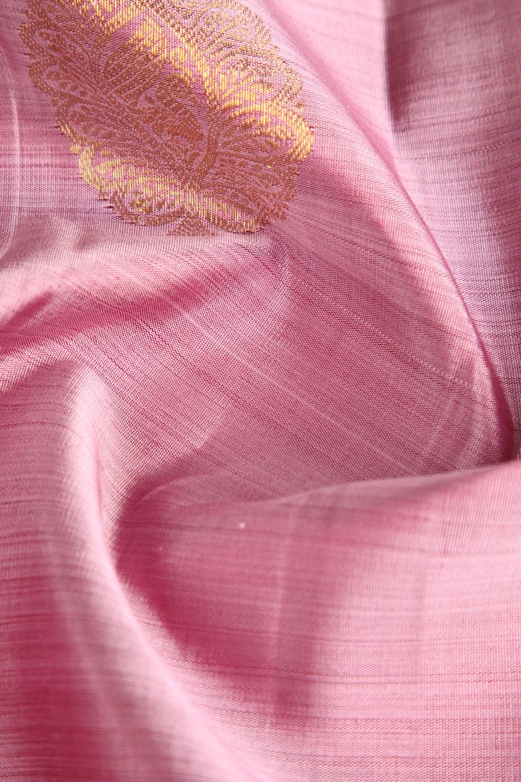 Lemonade Pink Kanchipuram Silk Sarees with Gold Zari Leaf Pattern view 4
