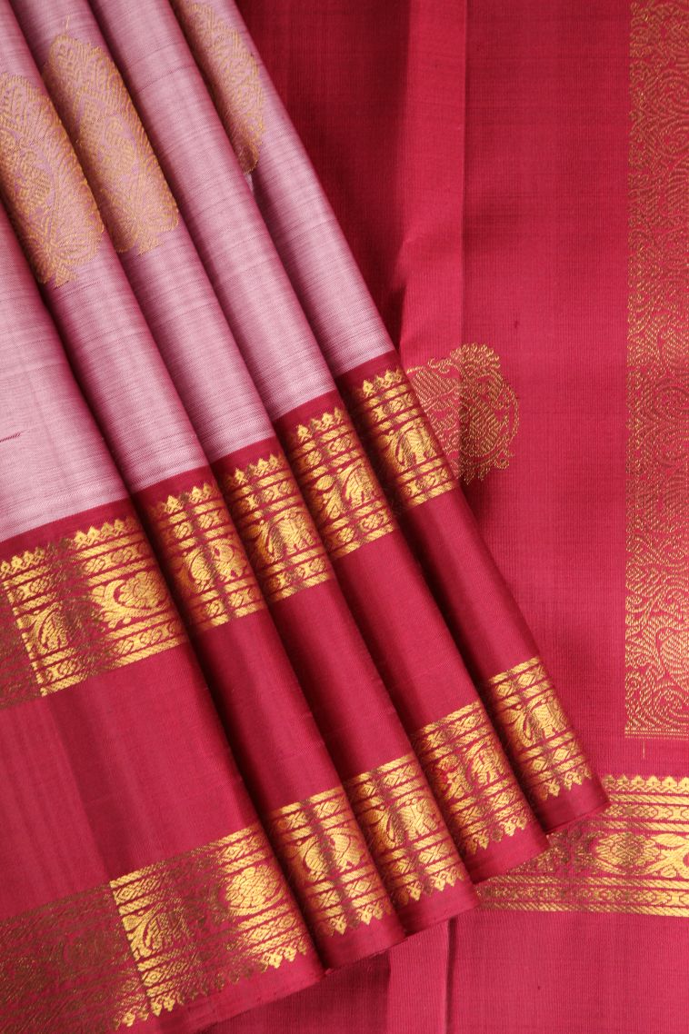 Lemonade Pink Kanchipuram Silk Sarees with Gold Zari Leaf Pattern view 1