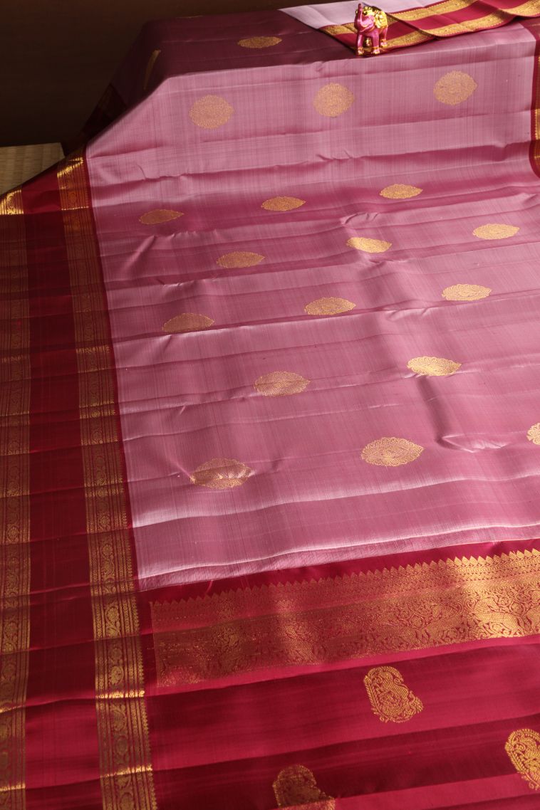 Lemonade Pink Kanchipuram Silk Sarees with Gold Zari Leaf Pattern view 2