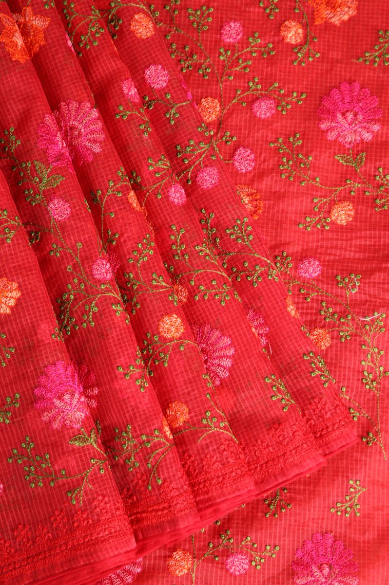 Candy Red Manipuri Cotton Sarees Without Zari with Floral Patterns view 1