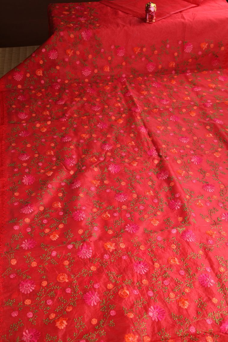 Candy Red Manipuri Cotton Sarees Without Zari with Floral Patterns view 2
