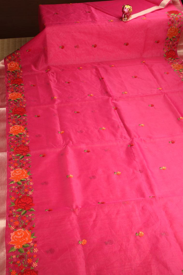 Punch Pink Manipuri Cotton Sarees with Gold Zari Embroidary view 2