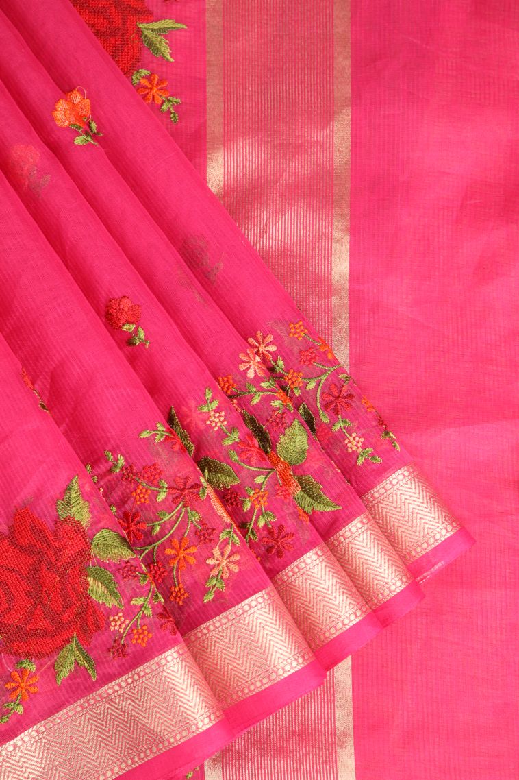 Punch Pink Manipuri Cotton Sarees with Gold Zari Embroidary view 1