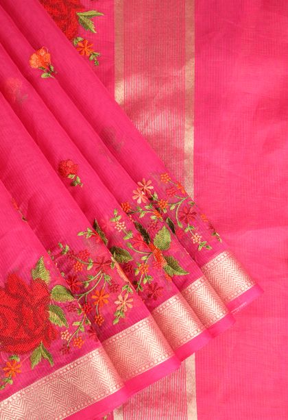 Punch Pink Manipuri Cotton Sarees with Gold Zari Embroidary