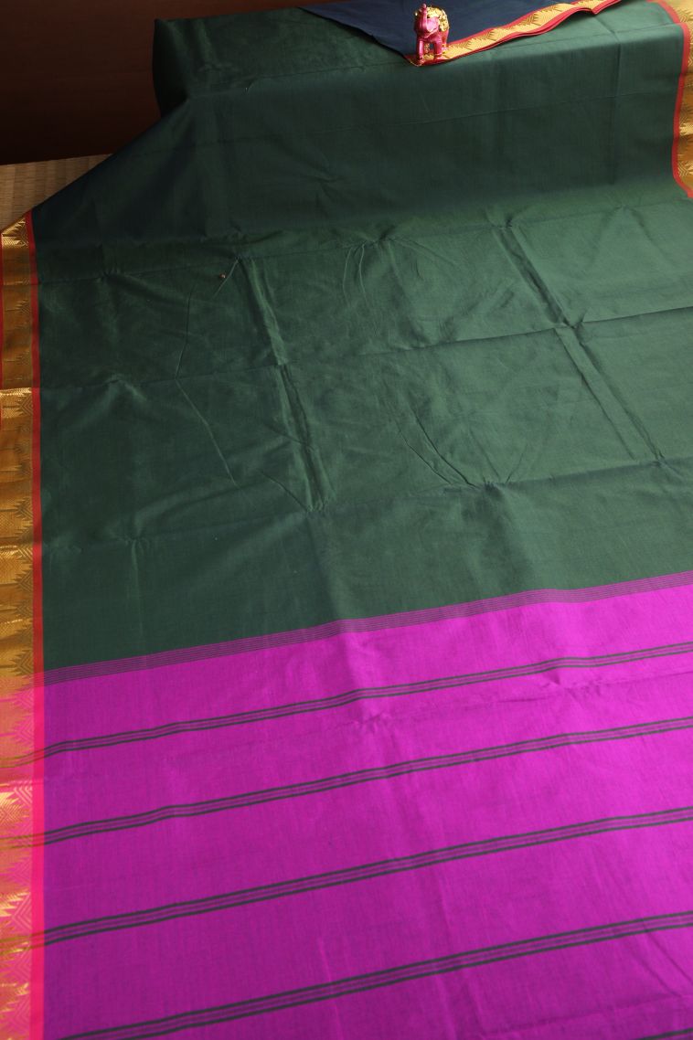 Seaweed Green Poly Cotton Sarees Gold Zari with Plain view 2