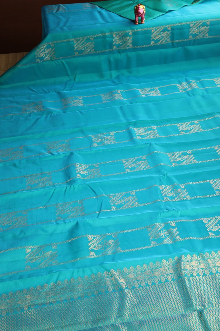 Sapphire Blue Soft Silk Saree Gold Zari with Floral Puttas view 2