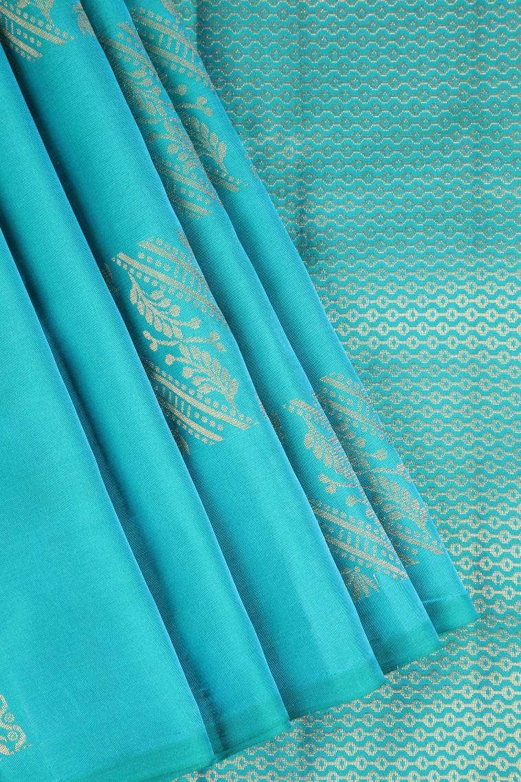 Sapphire Blue Soft Silk Saree Gold Zari with Floral Puttas view 1