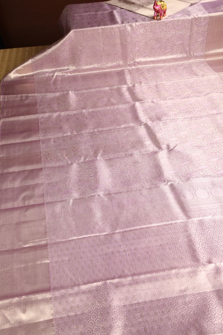 Periwinkle Purple Kanchipuram Silk Sarees with Silver Zari Floral Patterns view 2
