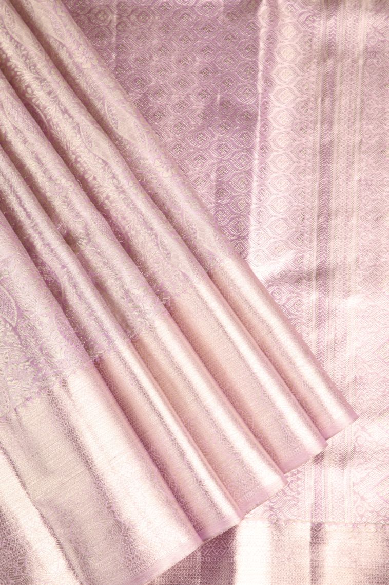 Periwinkle Purple Kanchipuram Silk Sarees with Silver Zari Floral Patterns view 1