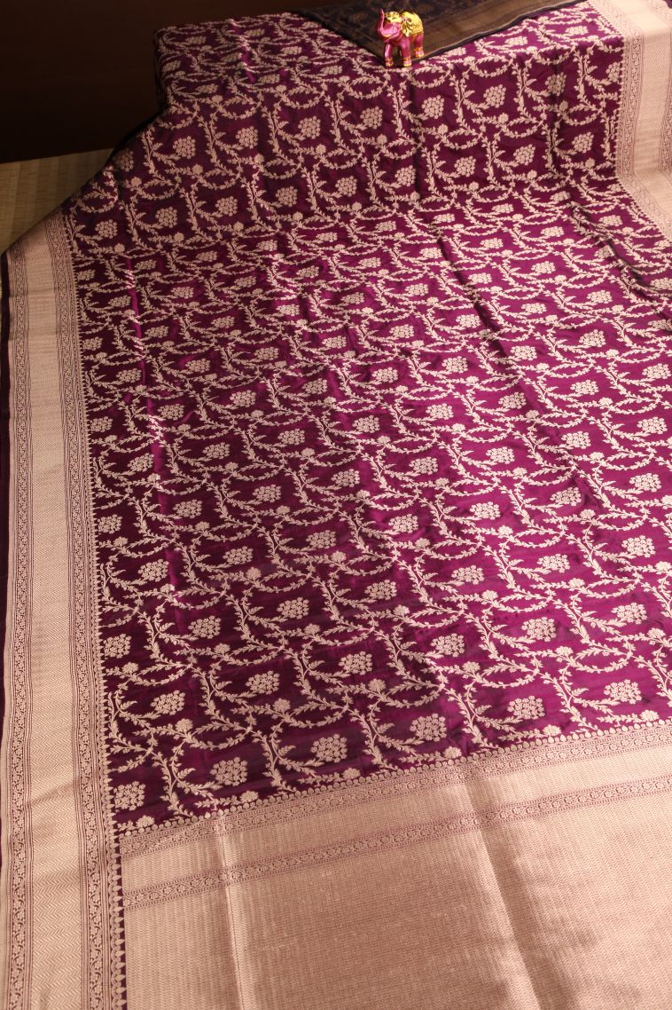 Jam Purple Banaras Silk Saree Gold Zari with Floral Patterns view 2