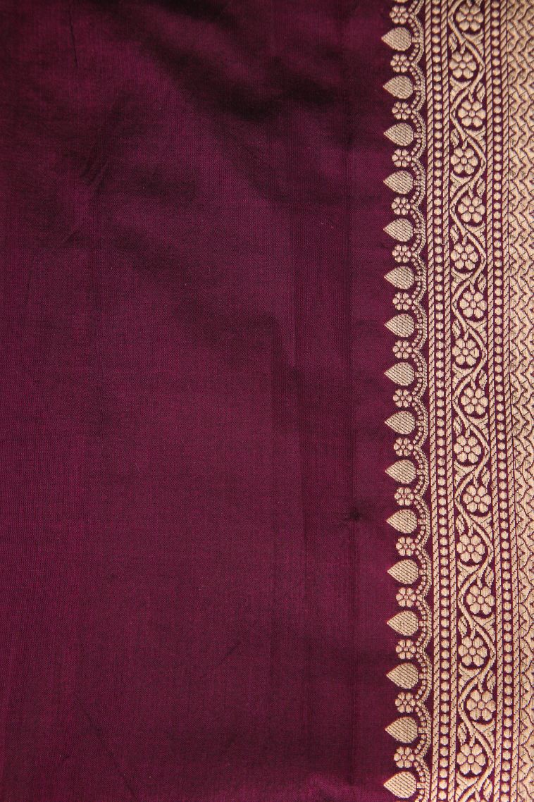 Jam Purple Banaras Silk Saree Gold Zari with Floral Patterns view 3