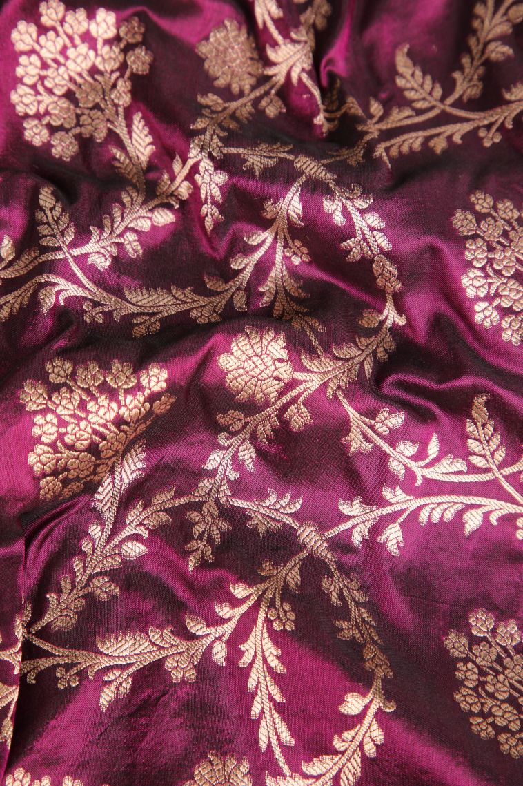 Jam Purple Banaras Silk Saree Gold Zari with Floral Patterns view 4