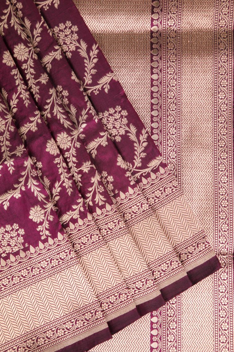 Jam Purple Banaras Silk Saree Gold Zari with Floral Patterns