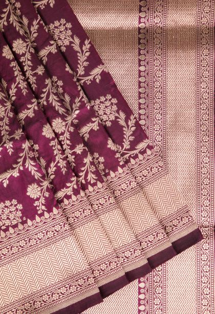 Jam Purple Banaras Silk Saree Gold Zari with Floral Patterns
