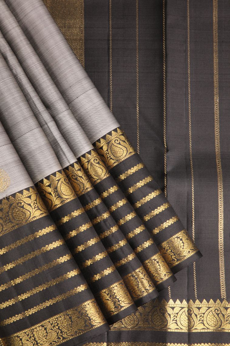 Gray Black Kanchipuram Silk Sarees with Gold Zari Leaf Pattern view 1