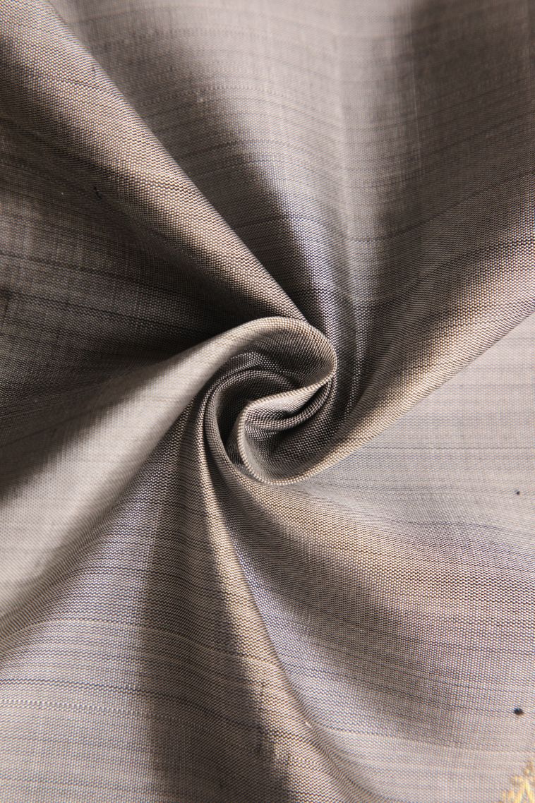 Gray Black Kanchipuram Silk Sarees with Gold Zari Leaf Pattern view 4