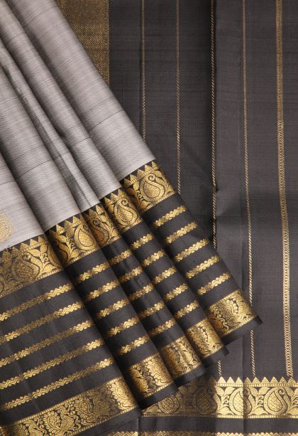 Gray Black Kanchipuram Silk Sarees with Gold Zari Leaf Pattern