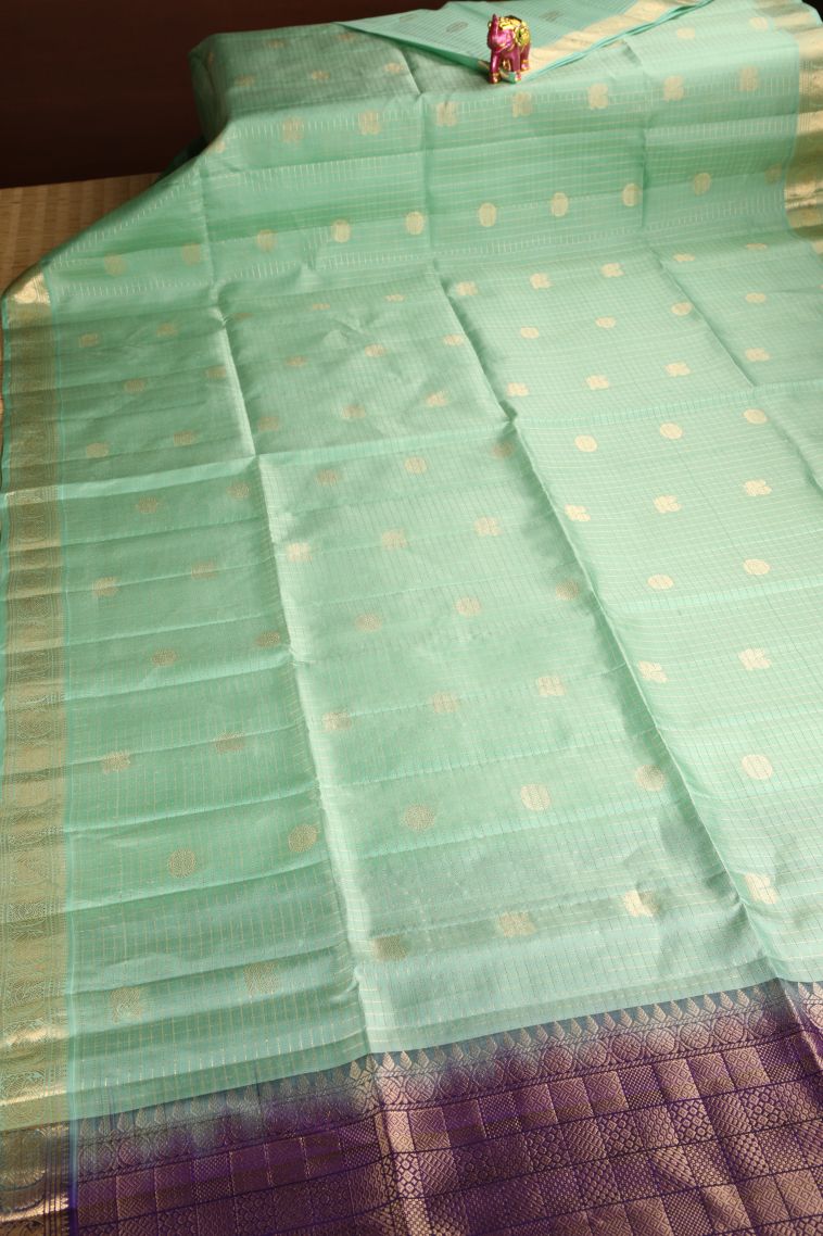 Mint Green Soft Silk Saree with Gold Zari Peacock Motifs view 2