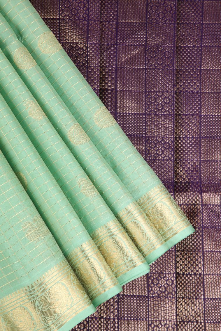 Mint Green Soft Silk Saree with Gold Zari Peacock Motifs view 1