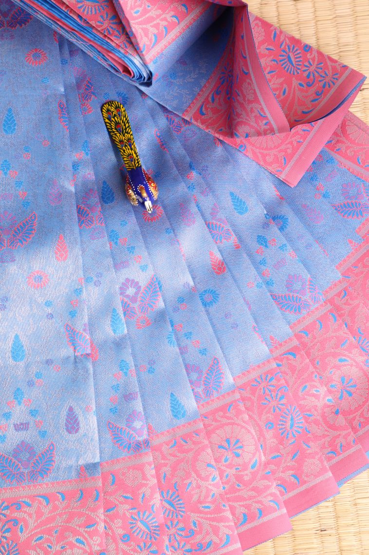 Cobalt Blue Visiri Madippu Silk Sarees with Silver Zari Leaf Pattern view 1