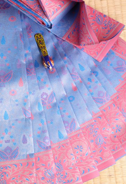Cobalt Blue Visiri Madippu Silk Sarees with Silver Zari Leaf Pattern