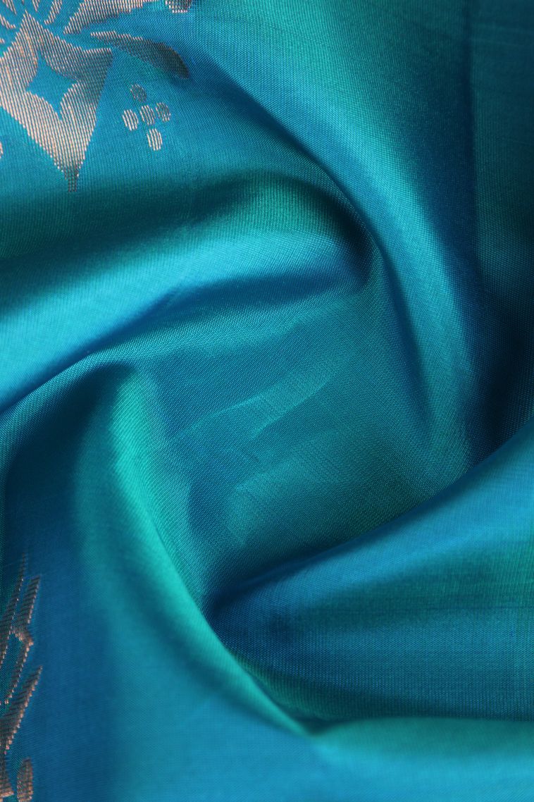 Cerulean Blue Soft Silk Saree with Copper Zari Floral Patterns view 4