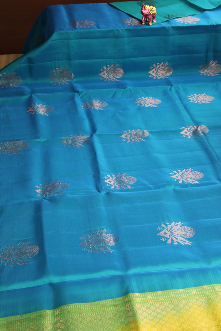 Cerulean Blue Soft Silk Saree with Copper Zari Floral Patterns view 2