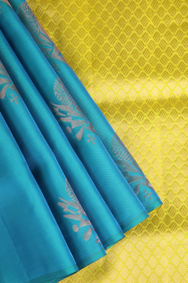 Cerulean Blue Soft Silk Saree with Copper Zari Floral Patterns view 1