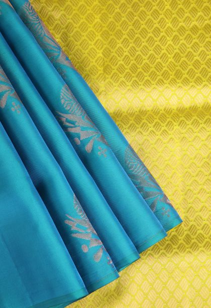 Cerulean Blue Soft Silk Saree with Copper Zari Floral Patterns