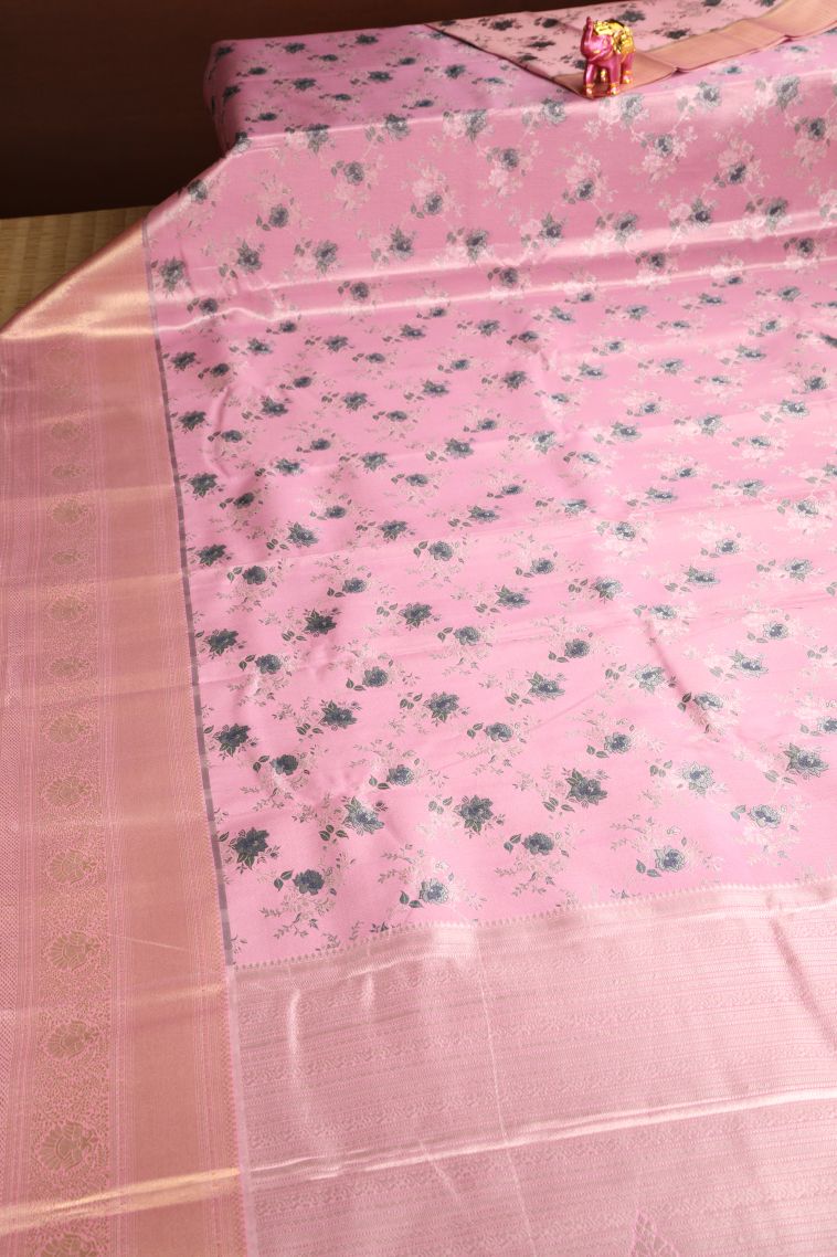 Ballet Pink Apoorva Silk Sarees with Gold And Silver Zari Floral Patterns view 2