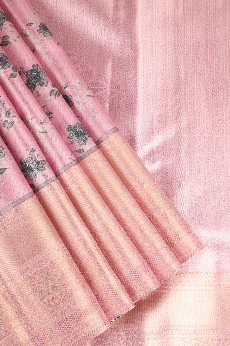 Ballet Pink Apoorva Silk Sarees with Gold And Silver Zari Floral Patterns view 1