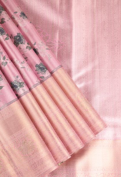Ballet Pink Apoorva Silk Sarees with Gold And Silver Zari Floral Patterns