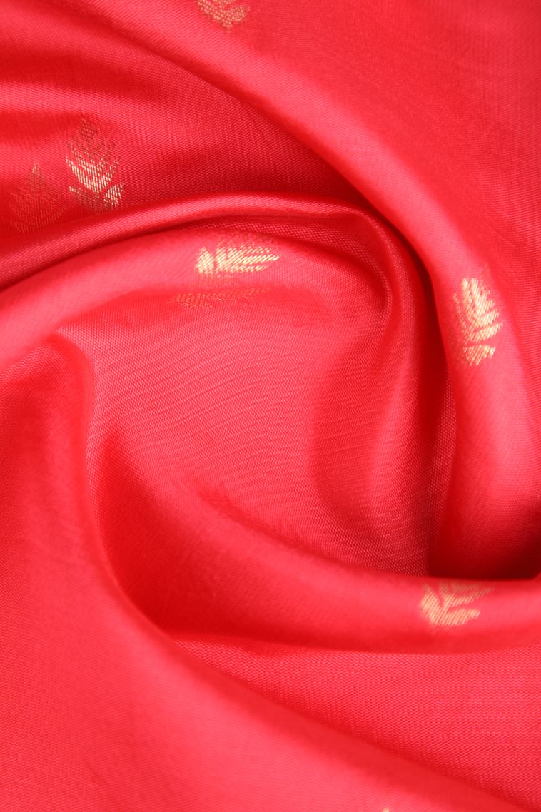 Strawberry Pink Raw Silk Sarees with Gold Zari Leaf Pattern view 4