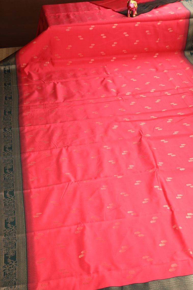 Strawberry Pink Raw Silk Sarees with Gold Zari Leaf Pattern view 2