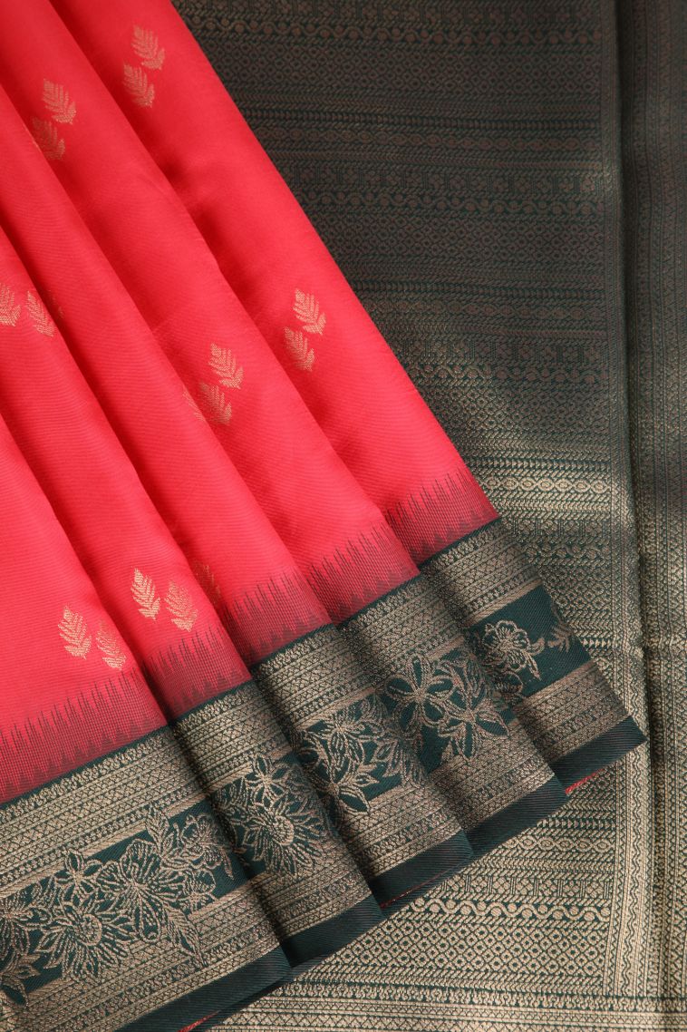 Strawberry Pink Raw Silk Sarees with Gold Zari Leaf Pattern