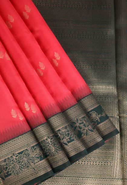 Strawberry Pink Raw Silk Sarees with Gold Zari Leaf Pattern