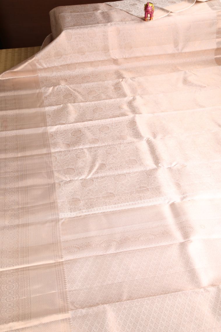 Coconut White Kanchipuram Silk Sarees with Gold Zari Floral Patterns view 2