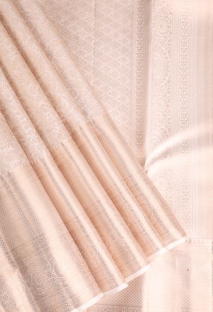 Coconut White Kanchipuram Silk Sarees with Gold Zari Floral Patterns